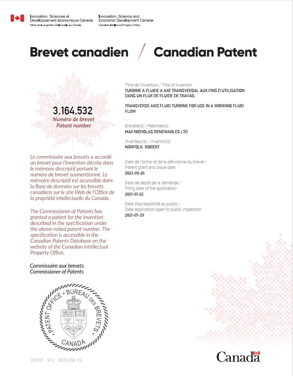 Canadian Patent Granted